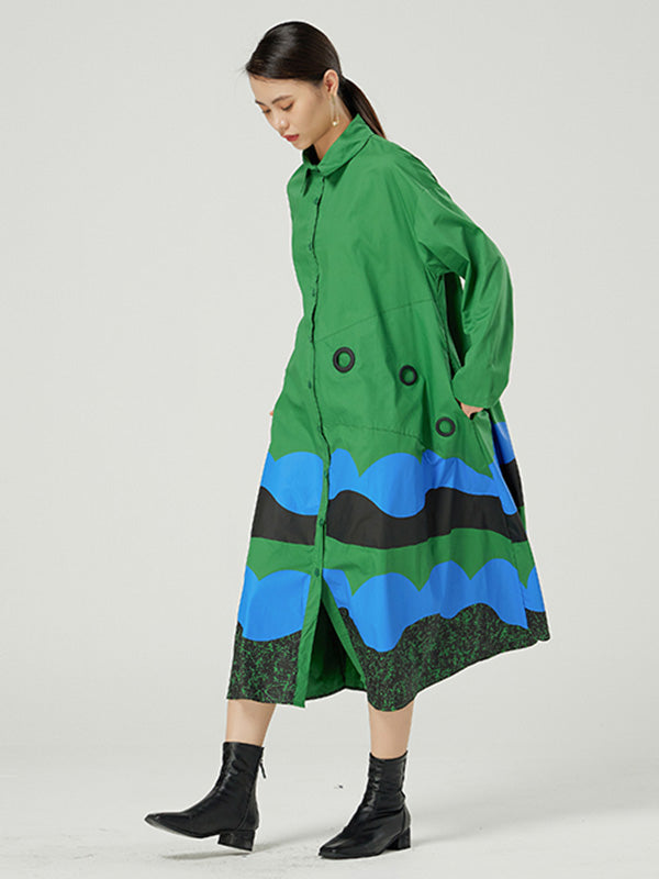 Original Buttoned Contrast Color Lapel Long Sleeves Midi Dress