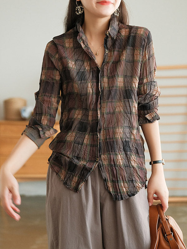 Vintage Printed Buttoned Pleated Lapel Long Sleeves Blouse Tops