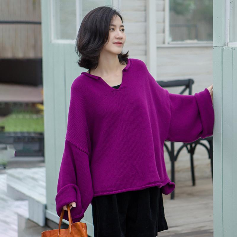 Buykud Simple Solid Color V-neck Ultra-loose Sweater