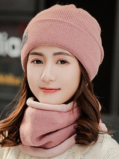 Casual Solid Color Keep Warm Knitted Scarf&Hat Two Pieces Set