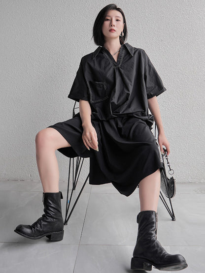 Urban Solid Color High-Low Batwing Sleeves Lapel V-Neck Shirts