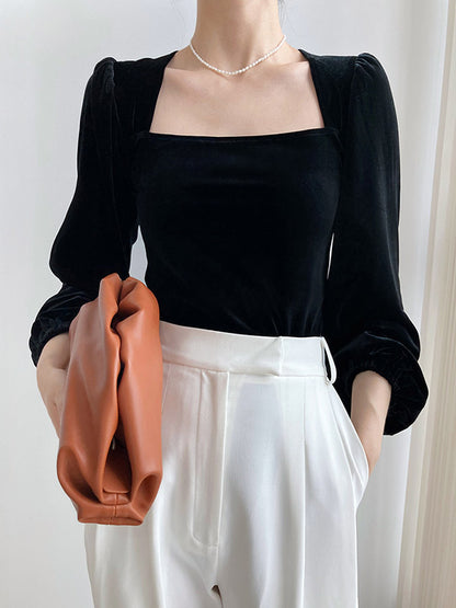 Urban Pleuche Solid Color Pleated Square-Neck Bishop Sleeves T-Shirt