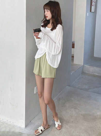 Simple Solid Color Split-Joint Lace Pajama Shorts