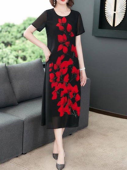 Chiffon Loose Leaves Print Dress