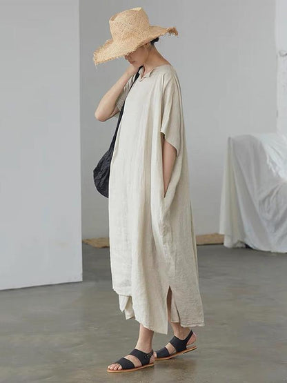 Loose Linen Apricot Split-side Ramie Long Dress