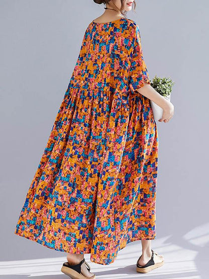 Plus Size Flower Print Round-neck Loose Long Dress