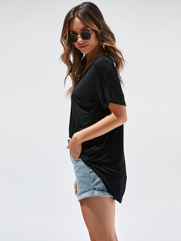 Round Neck Short Sleeve with Pocket Blouses&Shirts Tops