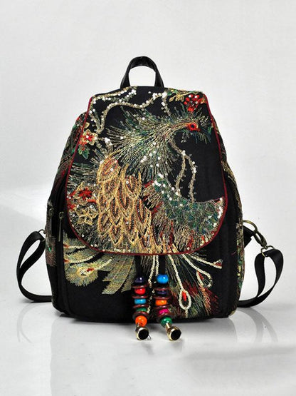 Peacock Embroidered Canvas Women's Backpack