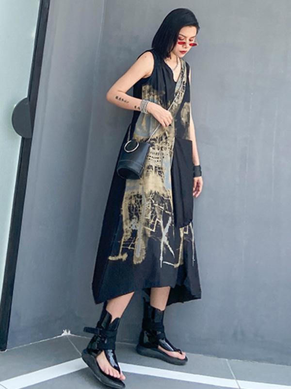 Original Prited V-Neck Sleeveless Dress