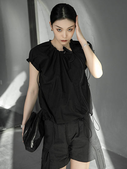 Stylish Black&White Drawstring Pleated Zipper Cap Sleeve Shirts