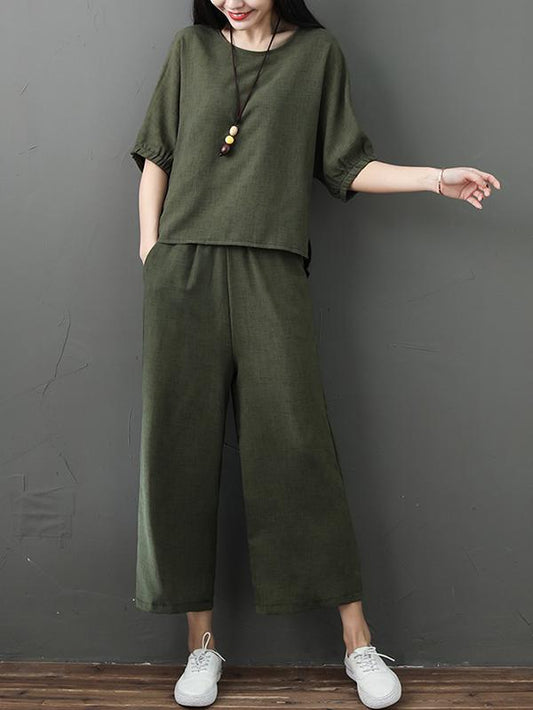 Solid  Short Sleeves Blouse + Wide Leg Pants Suit