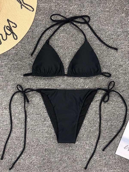 Plain Lace Up Bikini Swimsuit