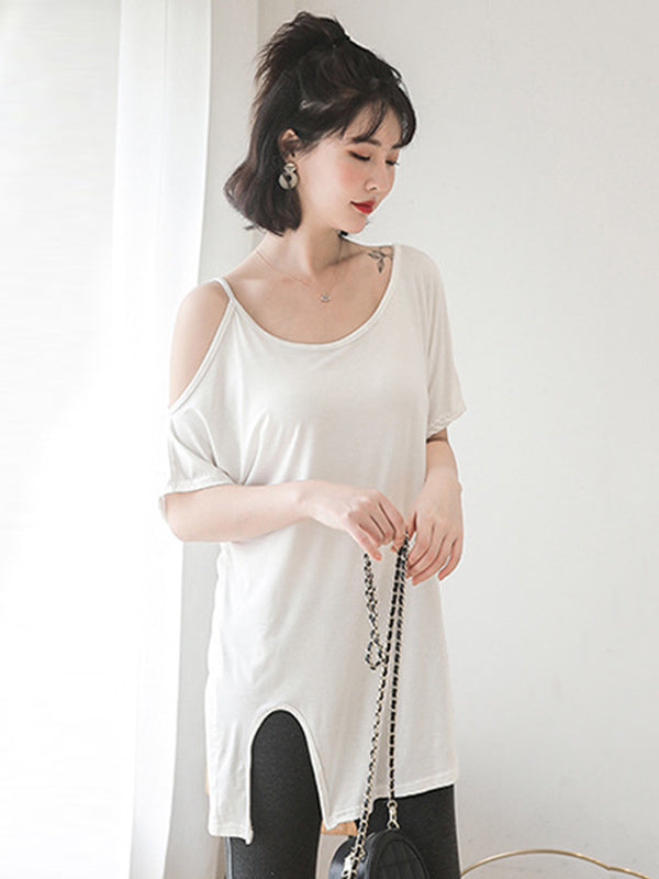 Casual Solid Color Asymmetric Cold Shoulder Spaghetti-Neck T-Shirt