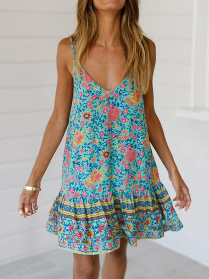 Printed Falbala Hem Condole Belt Mini Dress
