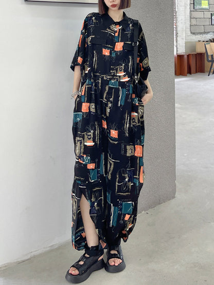 Stylish Printed Belted Split-Side Lapel Short Sleeves Jumpsuits