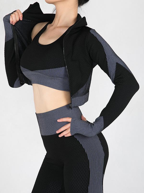 Contrast Color Zipper High-Waisted Three-Piece Sports Suits