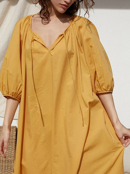 Casual Loose Linen 3 Colors Tied Pleated V-Neck Bishop Half Sleeves Midi Dress
