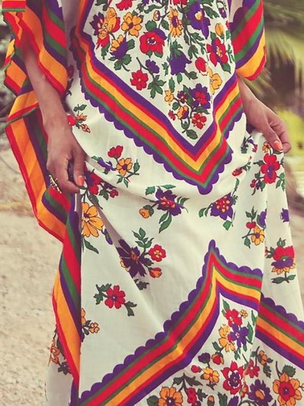 Floral Printed Round-neck Maxi Kaftan Dress
