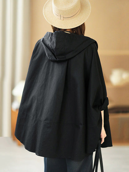 Urban Buttoned Solid Color Hooded Batwing Sleeve Loose Outerwear