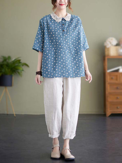 Artistic Retro Loose Polka-Dot Hollow Lace Peter Pan Collar Blouse