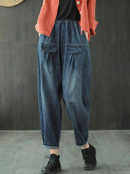 Leisure Solid Denim Puff Pants Bottoms