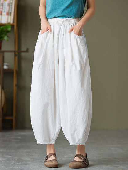 Simple Casual Loose Linen Solid Color Pleated Drawstring Knickerbockers