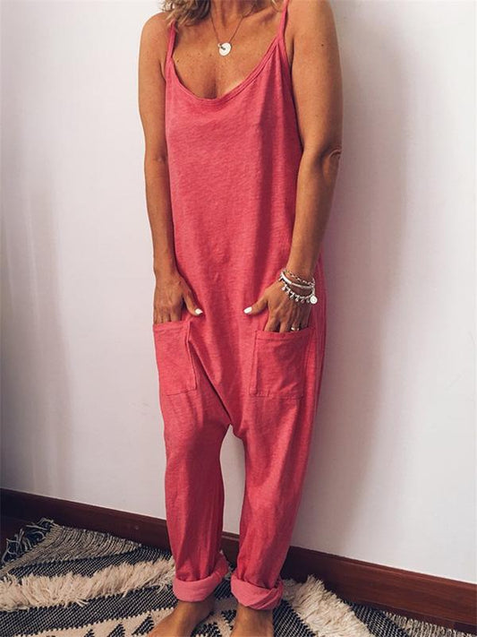 Solid Spaghetti-neck Jumpsuits