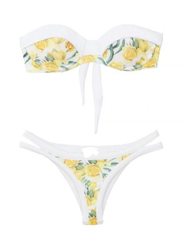 Floral-Print Split-Joint Bandeau Split Bikini Swimsuit