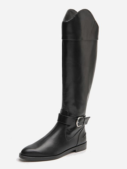 Solid Side-zipper Low Heels Leather Knee Boots