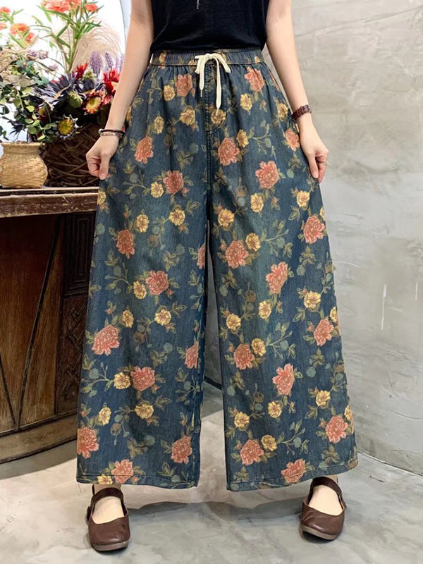 Loose Artistic Retro Wide Legs Floral Printed Jean Pants