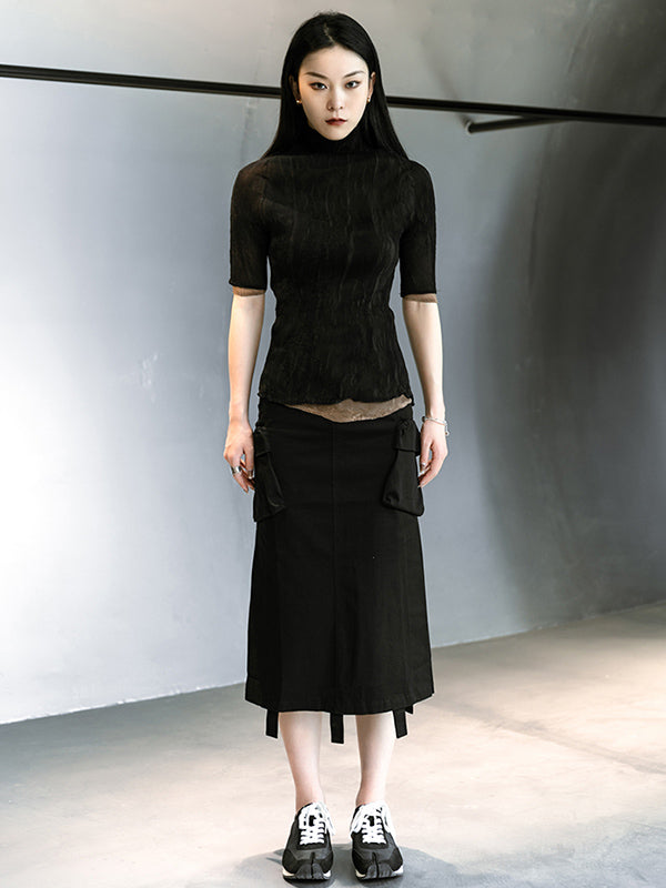 Original Solid Color High-Neck Long Sleeve See-Through T-Shirts Tops