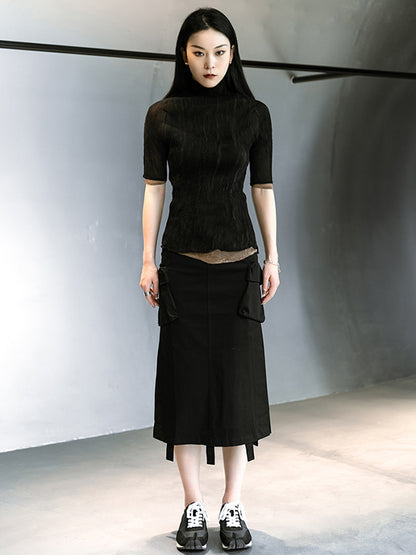 Original Solid Color High-Neck Long Sleeve See-Through T-Shirts Tops