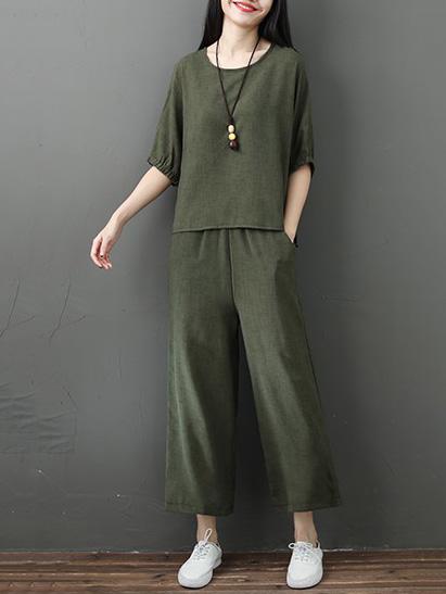 Solid  Short Sleeves Blouse + Wide Leg Pants Suit