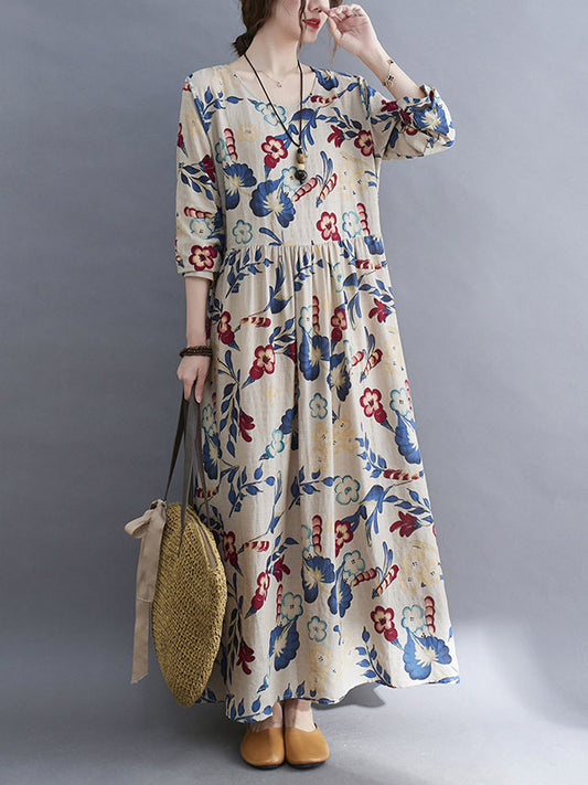 Casual Ramie Cotton Floral Printed Round-Neck Long Sleeves Over Size Maxi Dress