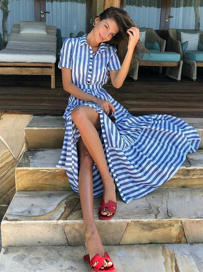Short Sleeve Printed Striped Bohemia Maxi Dress