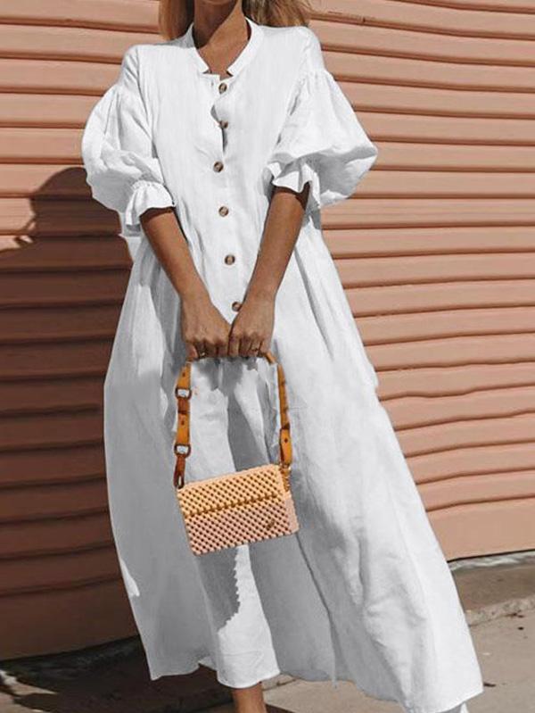 Solid Puff Sleeves Maxi Dresses