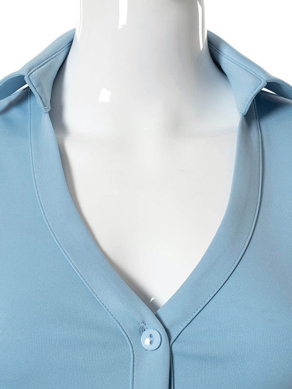 Simple Solid Color Lapel V-Neck Split-Front Midi Dress