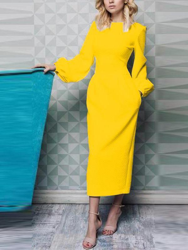 Plain Lantern Sleeve Round-Neck Dress