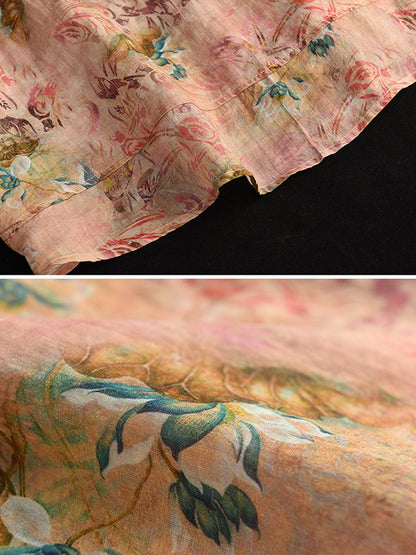 Vintage Artistic Retro Loose Floral Printed Ramie Cotton Blouse