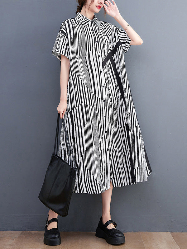 Artistic Retro Loose Striped Contrast Color Midi Shirt Dress