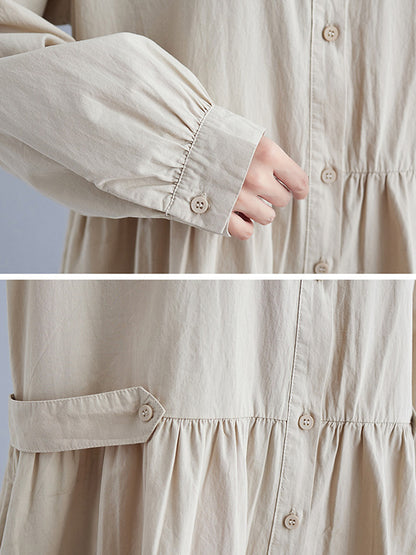 Casual Solid Color Pleated Buttoned Lapel Collar Long Sleeves Midi Shirt Dress