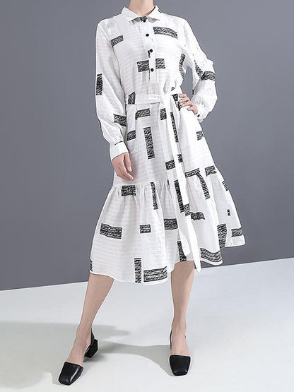 Lapel Collar Long Sleeve Loose Style Printed Belted Dress