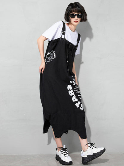Casual Loose Letter Printed Drawstring Midi Dress
