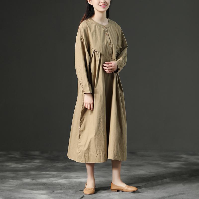 Cotton Khaki Casual Shoulder Sleeves Long Dresses