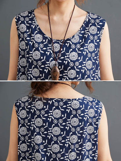 Loose Ramie Cotton National Printed Split-Joint Hollow Pleated Round-Neck Sleeveless Midi Dress