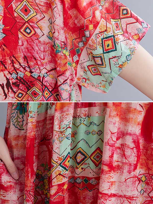 Vintage Floral Printed Round-Neck Short Sleeves Midi Dress
