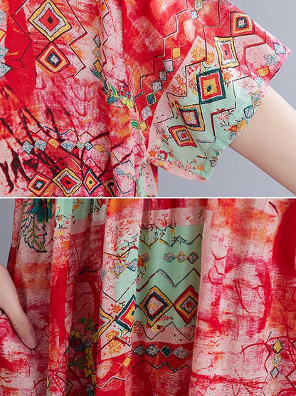 Vintage Floral Printed Round-Neck Short Sleeves Midi Dress