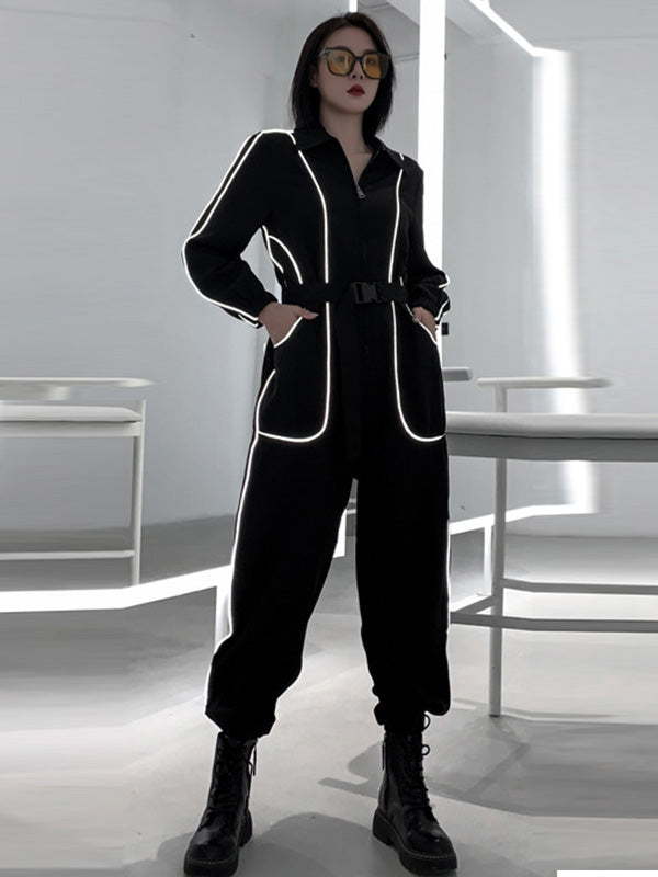 Cool Street Loose High-Waist Zipper Reflective Stripe Lapel Collar Long Sleeves Wide Leg Jumpsuits