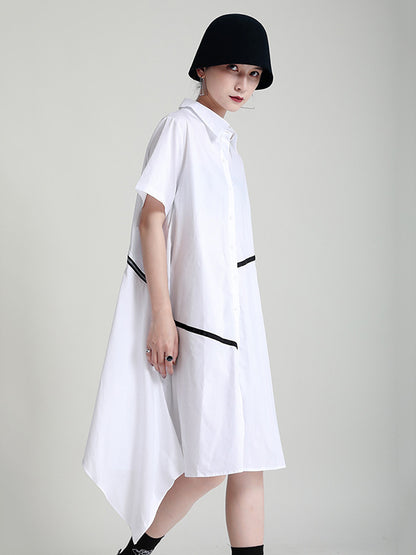 Stylish Irregular Split-Joint Falbala Buttoned Lapel Collar Short Sleeves Midi Dress