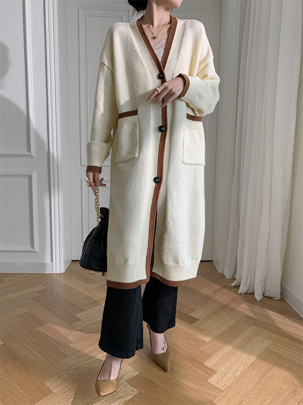 Stylish Loose Long Sleeves Split-Joint V-Neck With Pockets Cardigan Tops